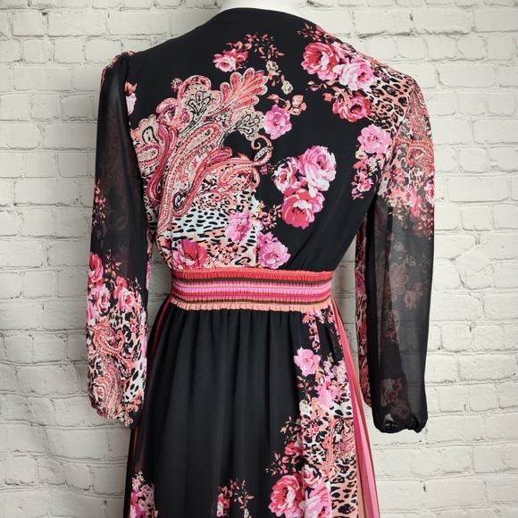 Bisou Bisou Michele Bohbot Dress 8  Pink Coral Black Flower Sheer  3/4 Sleeves - Picture 8 of 11